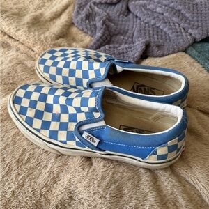 Vans Blue and Cream Checkered Slip-On Sneakers